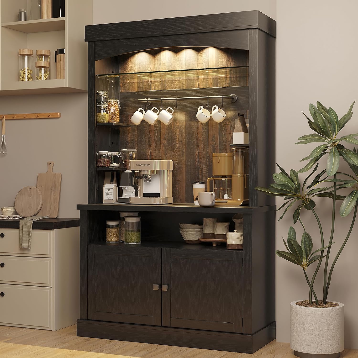 Takywep Tall Coffee Hutch with LED Lights Tall CoffeeBar Cabinet Farmhouse Buffet Cabinet with Storage Kitchen Sideboard with Microwave Stand/Wine Rack/Glass Shelf