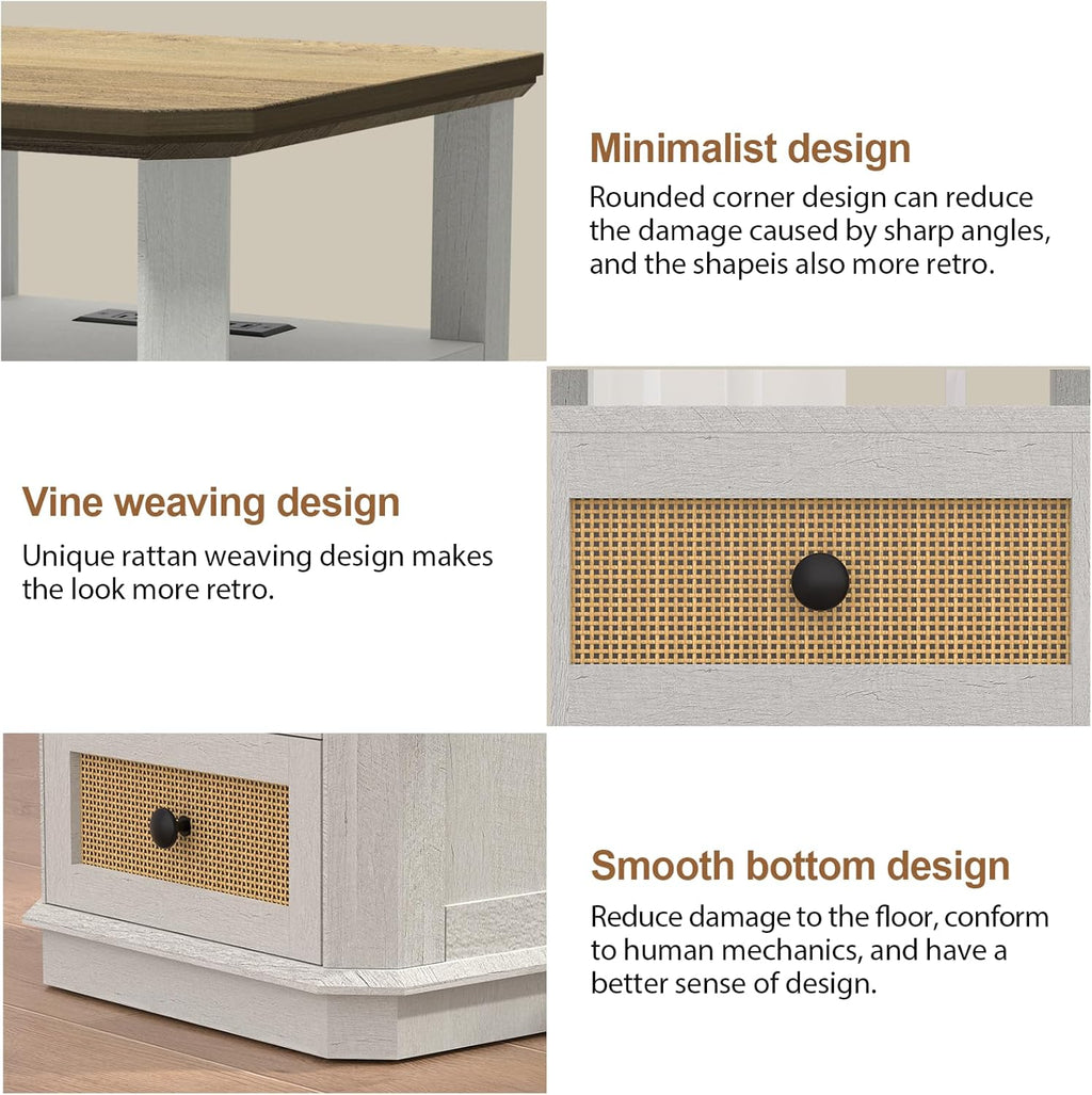 REDAYFUR End Table with Charging Station, 18" Small Modern Farmhouse Nightstand with Rattan Drawers, Tall Bedside Table & 2-Drawer Dresser for Bedroom, Living Room, Hallway, White