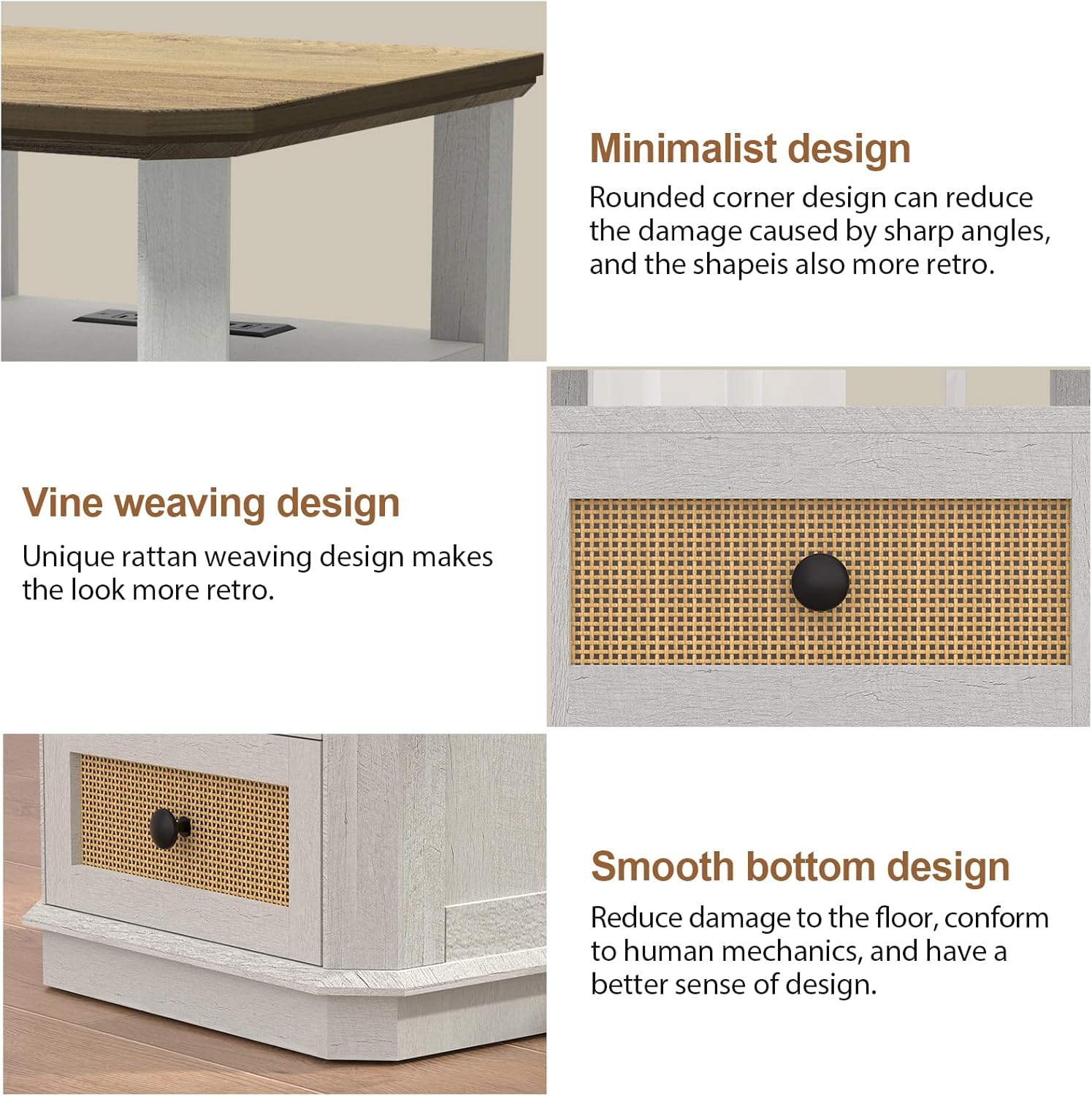 REDAYFUR End Table with Charging Station, 18" Small Modern Farmhouse Nightstand with Rattan Drawers, Tall Bedside Table & 2-Drawer Dresser for Bedroom, Living Room, Hallway, White