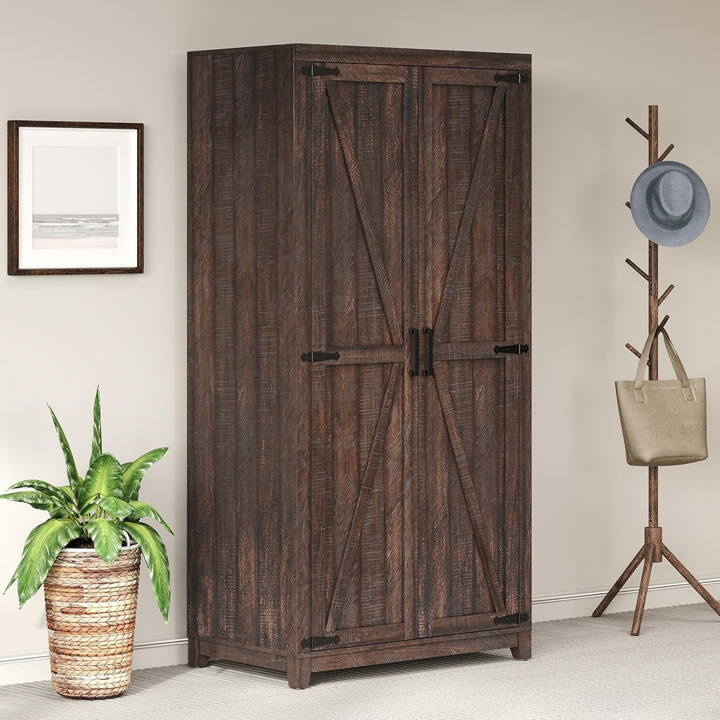 LUXOAK 70" Large Farmhouse Wardrobe Closet with Hanging Rod & Barn Doors | Wooden Bedroom Armoires with Shelf, Organized Wardrobe Cabinet for Clothing, Anti-Tip Kit, Tall Closet, Espresso