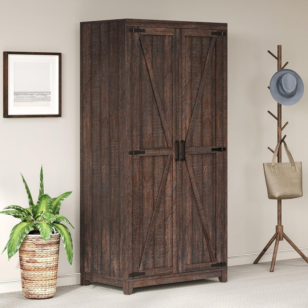 LUXOAK 70" Large Farmhouse Wardrobe Closet with Hanging Rod & Barn Doors | Wooden Bedroom Armoires with Shelf, Organized Wardrobe Cabinet for Clothing, Anti-Tip Kit, Tall Closet, Espresso
