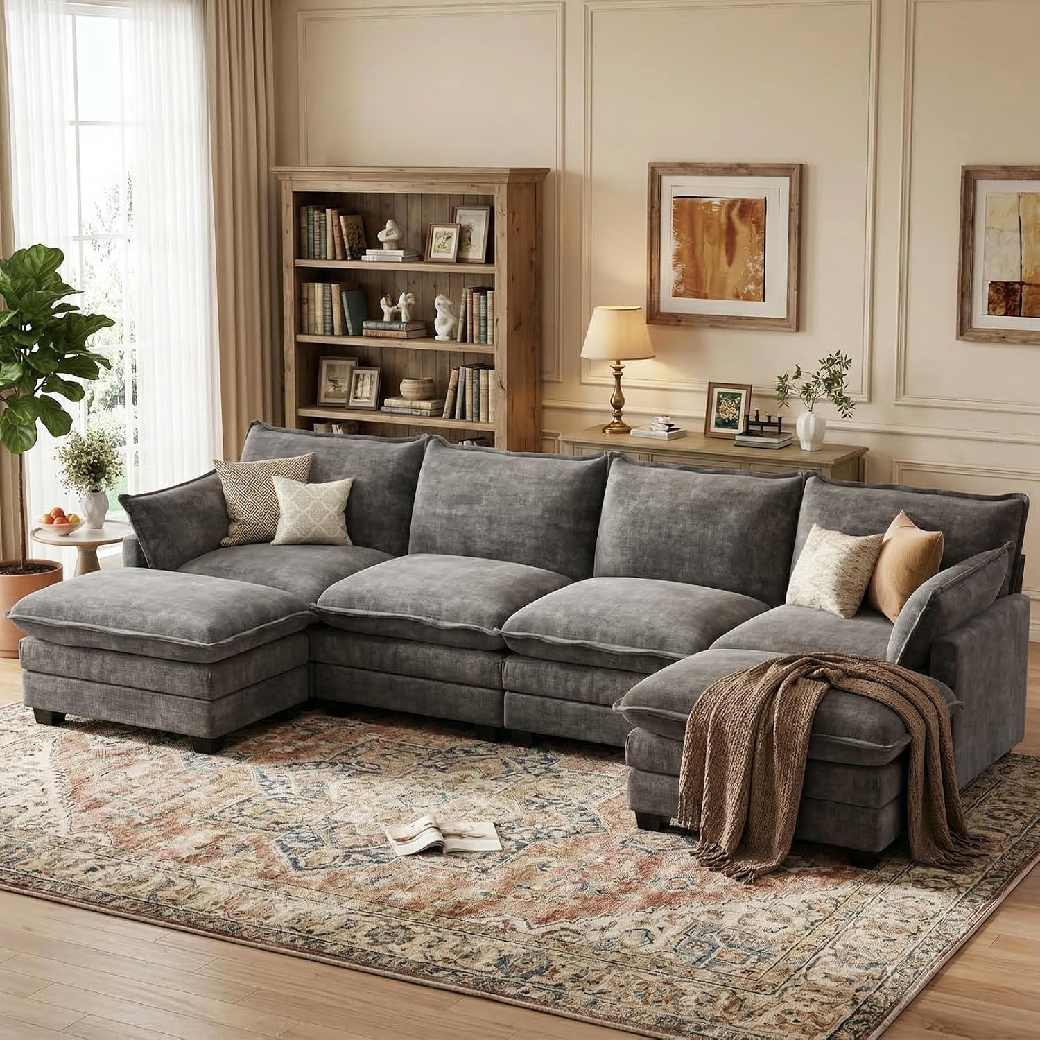 U Shaped Modular Sectional Couch, Comfy Sofa for Living Room | Comfortable Foam Cushions, Sturdy Frame, Appealing Look, Easy Assembly, Soft Chenille Fabric, Movable Ottoman, Dark Gray