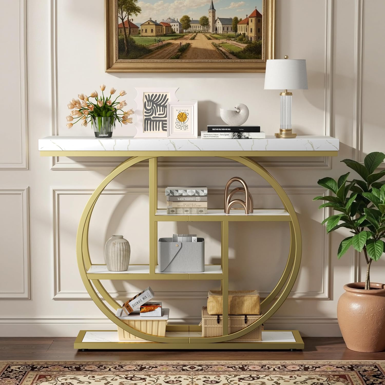 Shintenchi 41.3” Console Table with Storage, Industrial Entryway Table with Marble Top, 4-Tier Shelves Sofa Table Behind Couch, Narrow Accent Table for Living Room, Entryway, Hallway, Foyer,White Gold