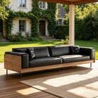 106.3" 4 Seater Patio Sofa, Minimalist Deep Seat Waxed Leather Couch with Weather Resistant Fabric, Outdoor Furniture for Pool Balcony Lounge Sunroom and Backyard, Black