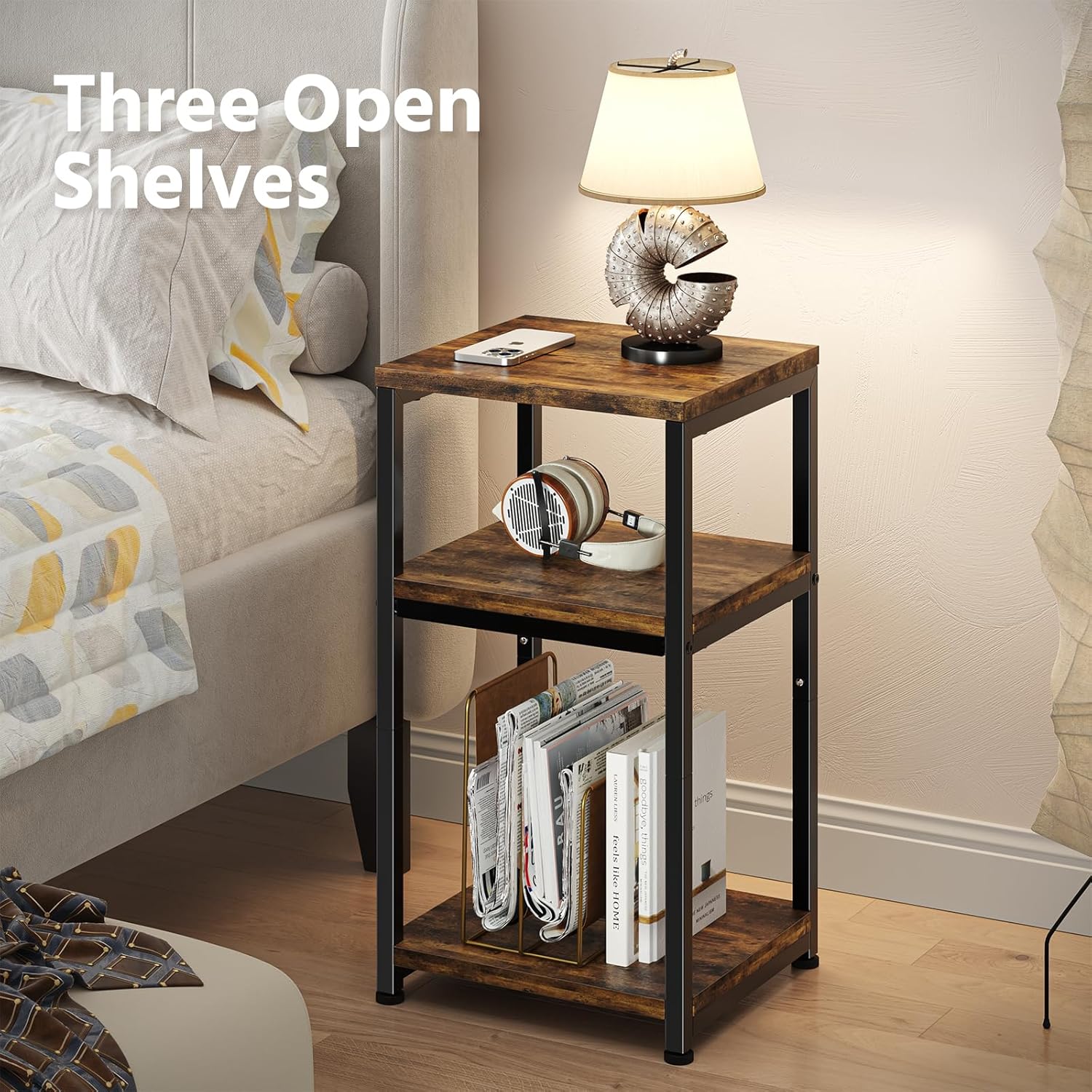 Simple Trending Side Table, End Table Night Stand, 3 Tiers Shelf for Living Room, Rustic Brown