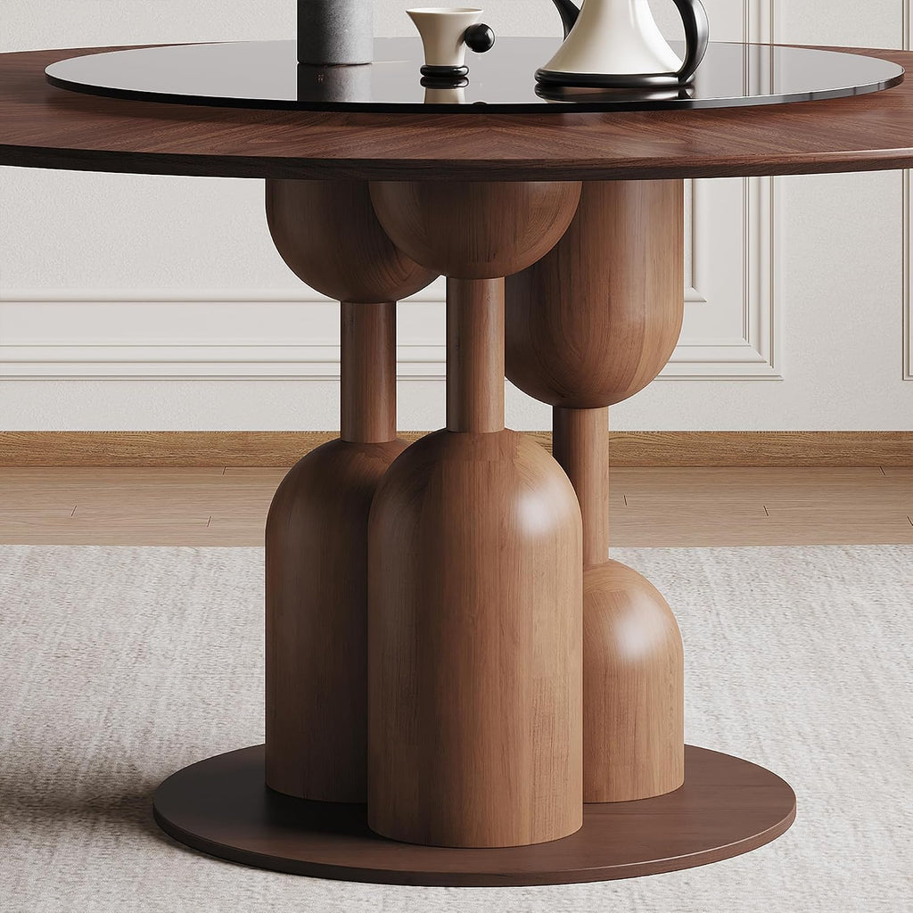 Montary 59-inch Natural Oak Wabi-Sabi Round Dining Table with 35-inch Tempered Glass Lazy Susan, Handcrafted Japanese Style Sculptural Solid Wood Dining Table for Living Room & Restaurant