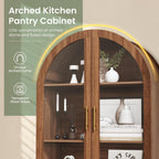 71" Tall Arched Pantry Cabinet, Kitchen Pantry with Glass Doors & Fluted Doors, Wood Storage Cabinet with Adjustable Shelf, Versatile Cupboard for Kitchen, Living Room,Walnut
