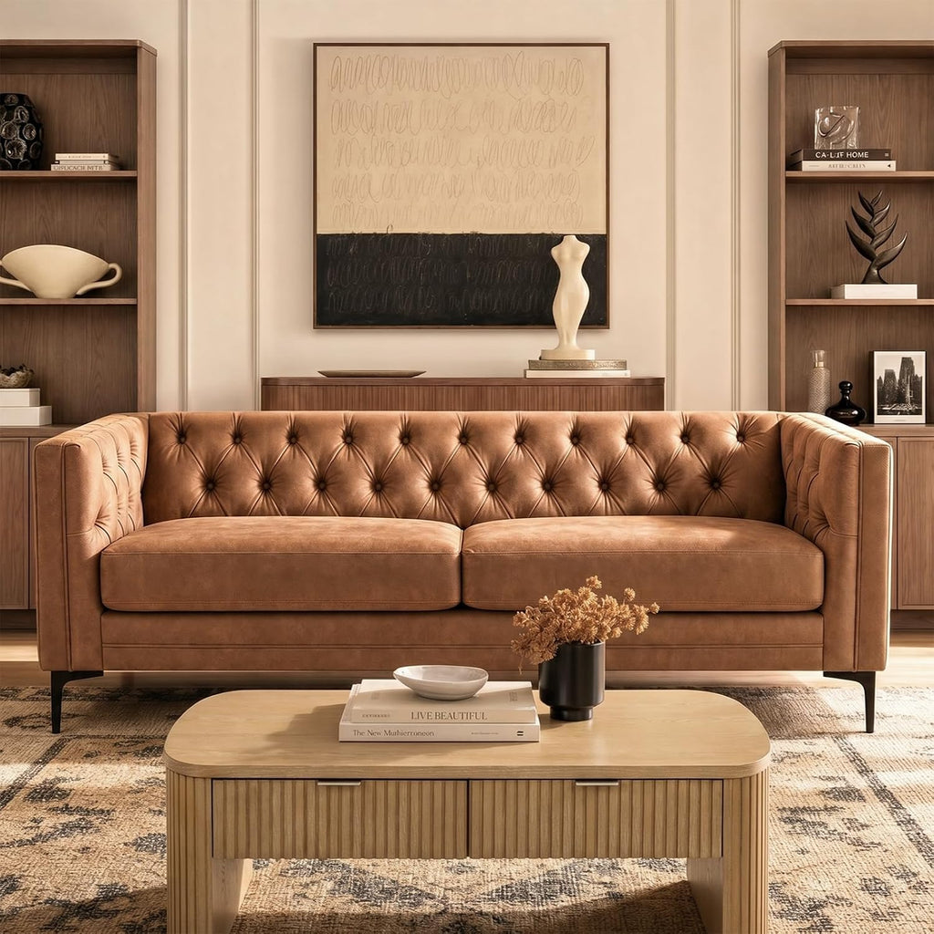 HULALA HOME 84" Faux Leather Sofa, Mid Century Modern 3 Seater Couch, Camel | Button-Tufted Sofa with Metal Legs, Square Armrests, Supportive Cushions, Easy Assembly, for Living Room Bedroom Apartment