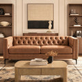 HULALA HOME 84" Faux Leather Sofa, Mid Century Modern 3 Seater Couch, Camel | Button-Tufted Sofa with Metal Legs, Square Armrests, Supportive Cushions, Easy Assembly, for Living Room Bedroom Apartment