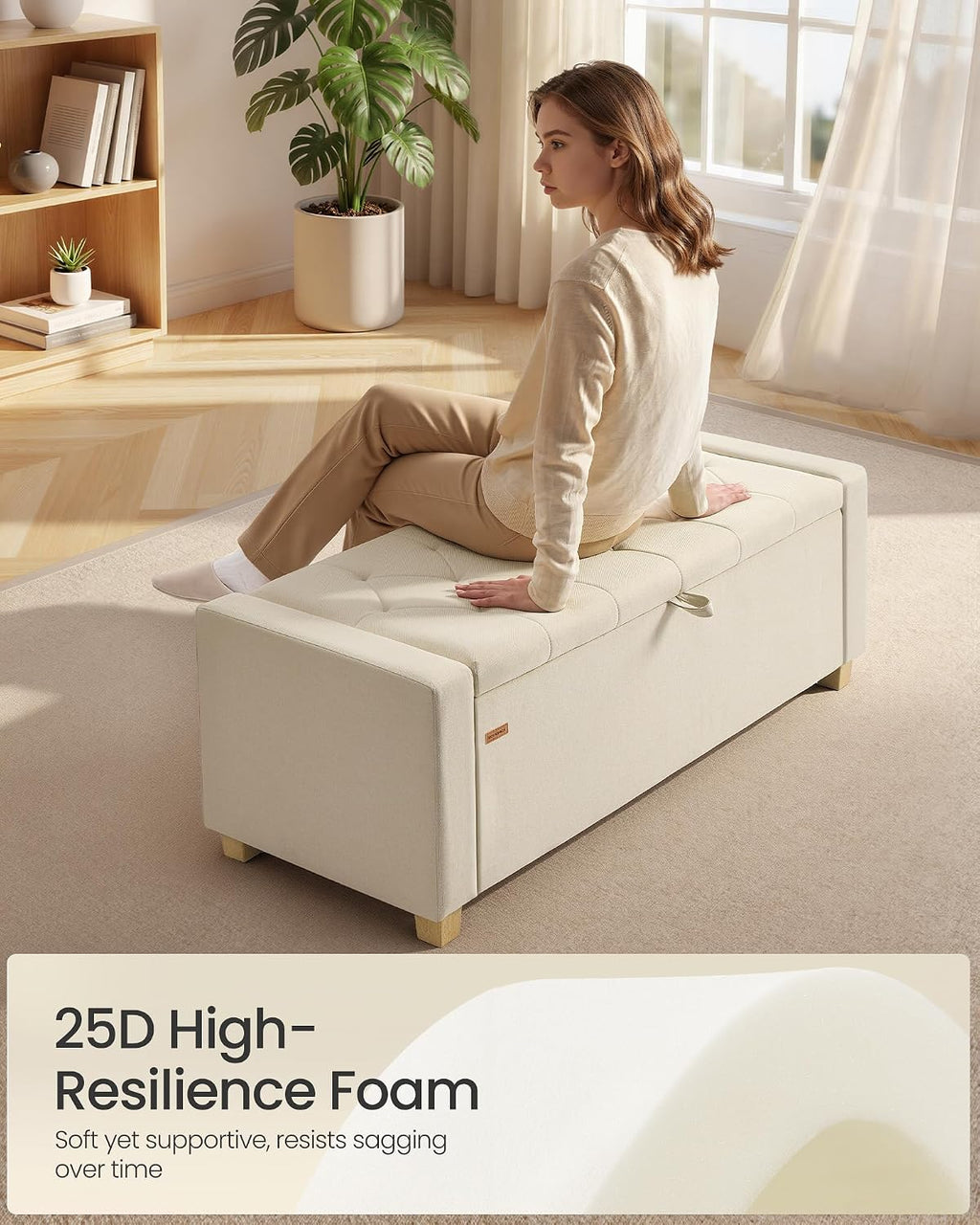 SONGMICS Storage Ottoman, 48 Inches Long Bed End Stool, Solid Wood Legs | Buttons Decoration, Non-Slip Foot Pads, 661.4 lb Load Capacity, Summer Sand, MACEO Collection ULOM511LF01