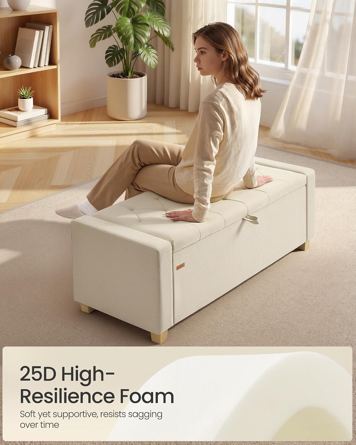 SONGMICS Storage Ottoman, 48 Inches Long Bed End Stool, Solid Wood Legs | Buttons Decoration, Non-Slip Foot Pads, 661.4 lb Load Capacity, Summer Sand, MACEO Collection ULOM511LF01