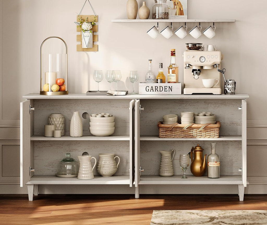 WAMPAT 65-inch Handcrafted Patchwork Decorative Buffet Cabinet with Pop-Up Design Doors,Full Unit Modern Farmhouse Accent Credenza for Coffee Bar, Kitchen, and Living Room, Pale Oak
