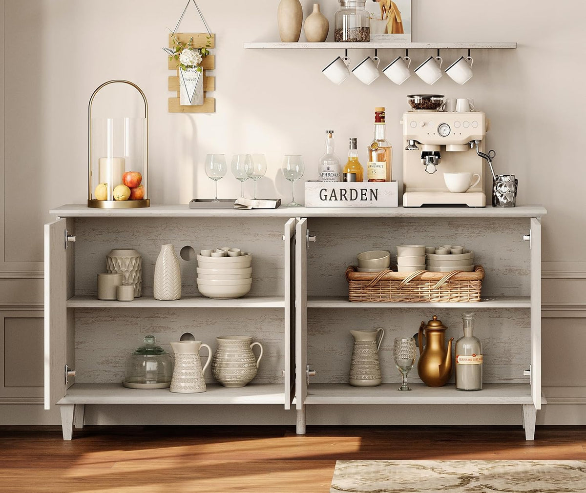 WAMPAT 65-inch Handcrafted Patchwork Decorative Buffet Cabinet with Pop-Up Design Doors,Full Unit Modern Farmhouse Accent Credenza for Coffee Bar, Kitchen, and Living Room, Pale Oak