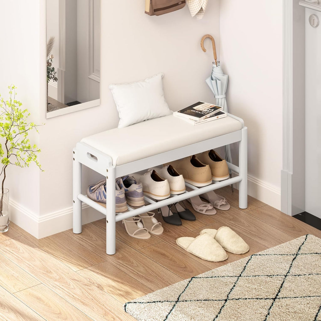 Shoe Storage Bench with Cushion - 2 Tier Shoe Rack for Front Door Entrance, Wood Shoes Rack, Entryway Bench with Shoes Storage for Closet,Hallway,Bedroom&Living Room(White, 31.5" W)