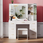 Wildhome Vanity Desk with Mirror and Lights, Makeup Vanity Desk with 7 Drawers & Cushioned Stool, Hidden Cabinet, Brightness Adjustable, Vanity Table for Bedroom, Dressing Room, Women, Girl (White)