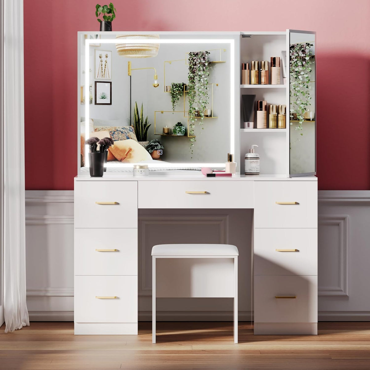 Wildhome Vanity Desk with Mirror and Lights, Makeup Vanity Desk with 7 Drawers & Cushioned Stool, Hidden Cabinet, Brightness Adjustable, Vanity Table for Bedroom, Dressing Room, Women, Girl (White)
