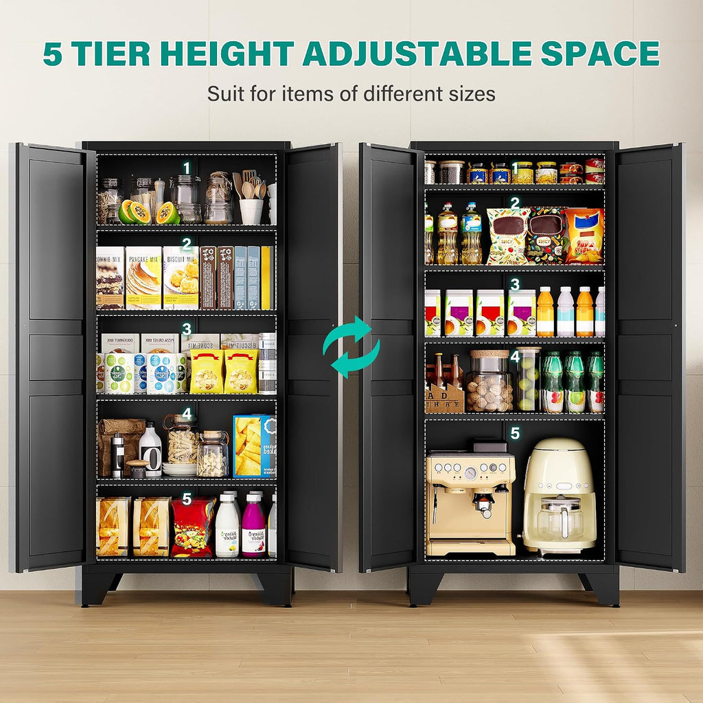 SISESOL Metal Storage Cabinet with Doors and Shelves,Black Storage Cabinet with Leg,Metal Pantry Cabinets,Ventilated Pantry Closet,Tall Large Cupboard for Home,Kitchen,Dining/Living/Laundry Room