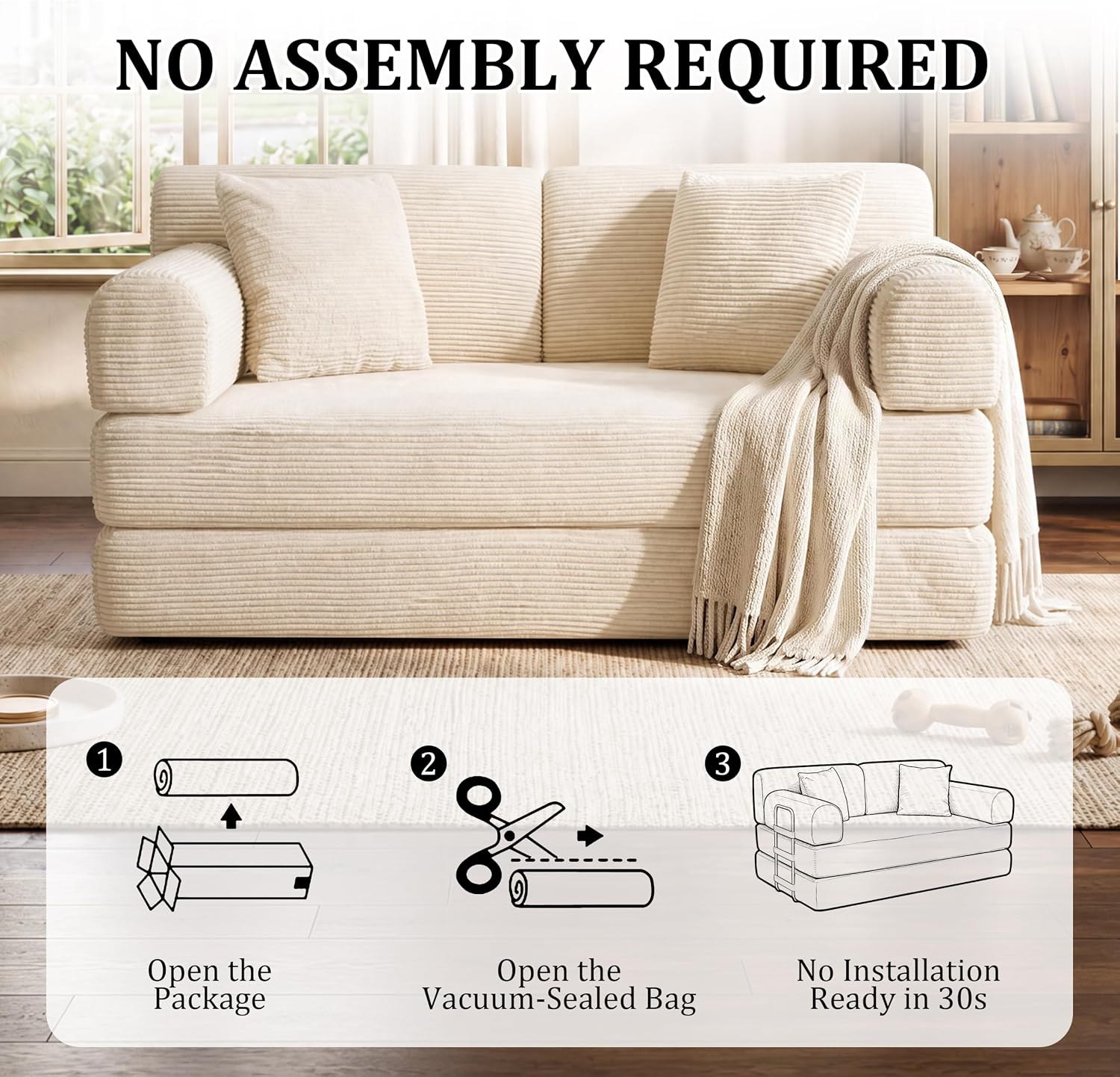 BSHOMGI Convertible Sofa Couch Bed, Folding Corduroy Floor Compression Loveseat Sleeper with Fixed-Shape Frame, King Size Sofas for Guest Room Living Room No Assembly Required (Includes 2 Pillows)