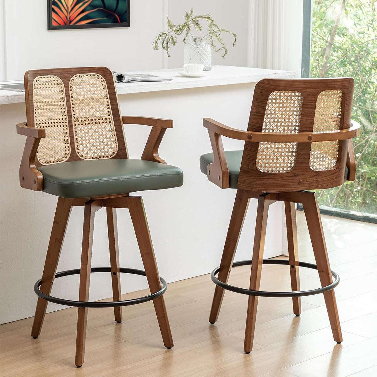 Swivel Counter Stools with Arms, Kitchen Island Stools with Rattan Back | Walnut Bentwood Frame, Curved Arms, Upholstered Seat, Adjustable Bamboo Legs, Counter Top Stools for Island, Pub, Kitchen