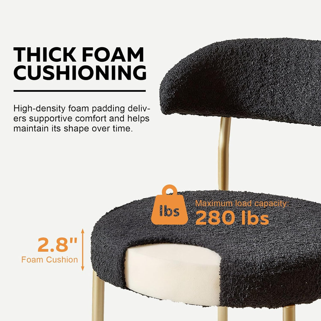 Black Boucle Dining Chair Set of 4, Modern Oval Upholstered Dining Chairs with Curved Back and Metal Leg for Dining Room,Restaurant,Kitchen Island(Gold Leg)