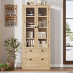 71" Tall Kitchen Pantry Cabinet - Modern Display Storage Cabinet with 2 Large Drawers, Glass Doors, and Adjustable Shelves, Farmhouse Kitchen Cupboard for Dining Room, Bathroom, Living Room, Natural