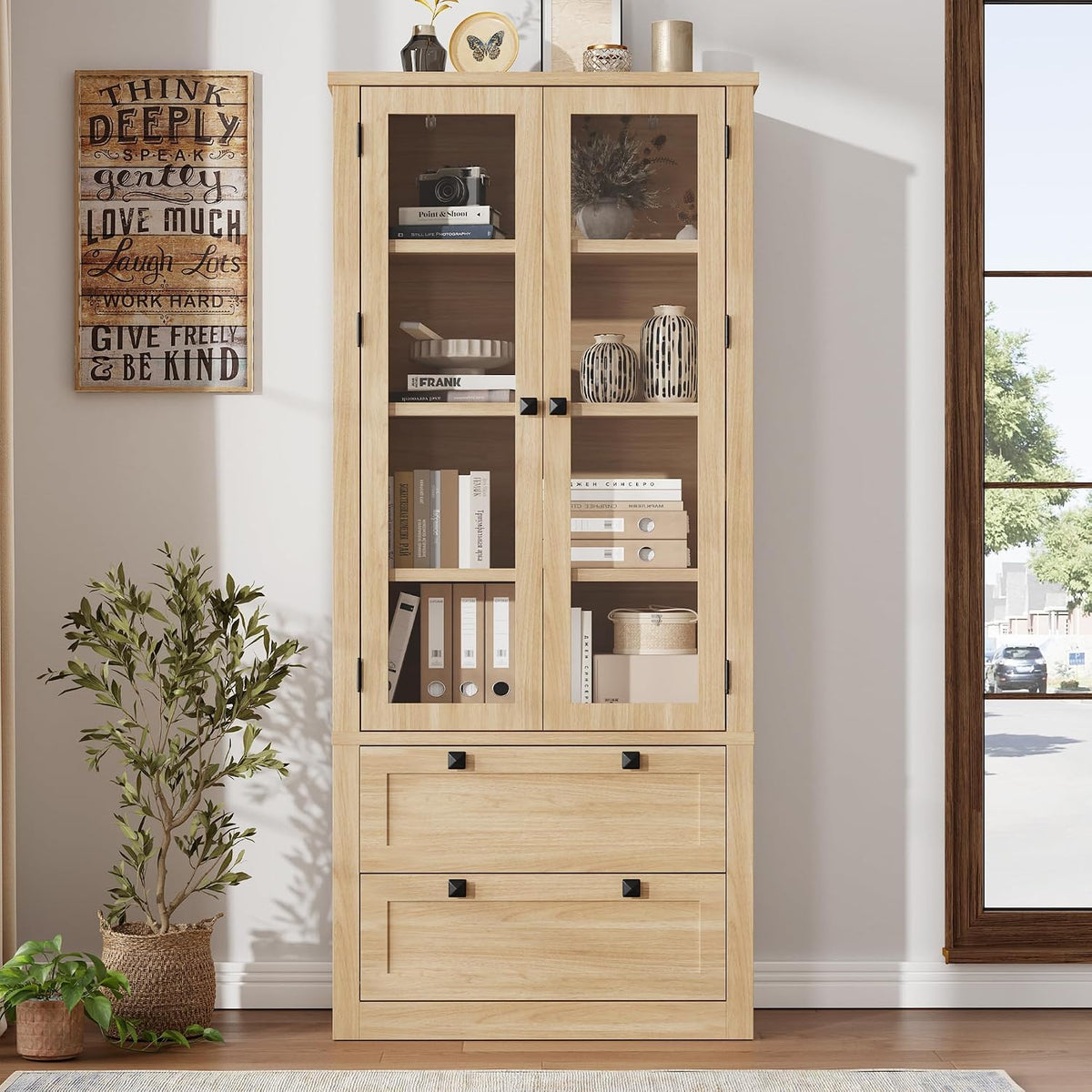 71" Tall Kitchen Pantry Cabinet - Modern Display Storage Cabinet with 2 Large Drawers, Glass Doors, and Adjustable Shelves, Farmhouse Kitchen Cupboard for Dining Room, Bathroom, Living Room, Natural