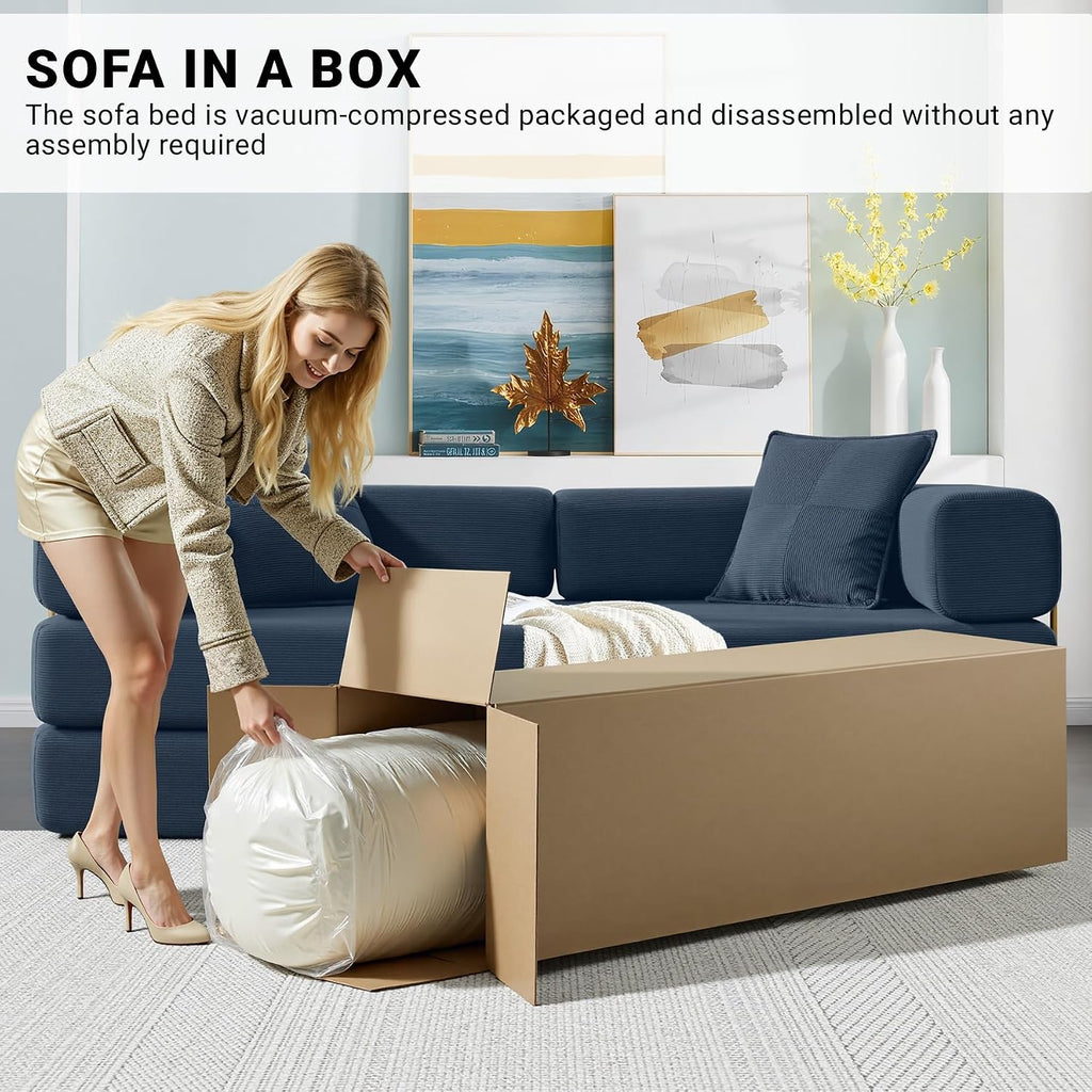 ivoros 78" Convertible Sleeper Sofa Bed, Corduroy Folding Sofa Bed with Fixed-Shape Frame, Fold Out Floor Mattress Couch, Lazy Compression Sofas for Living Room, Bedroom, No Assembly Required, Blue
