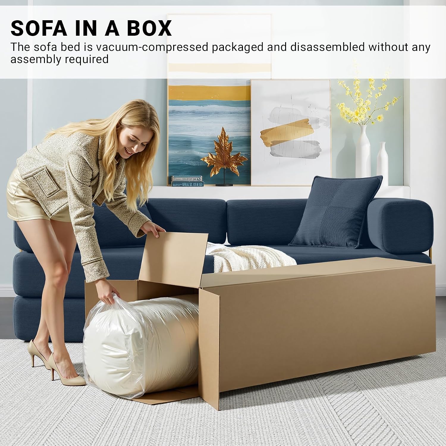 ivoros 78" Convertible Sleeper Sofa Bed, Corduroy Folding Sofa Bed with Fixed-Shape Frame, Fold Out Floor Mattress Couch, Lazy Compression Sofas for Living Room, Bedroom, No Assembly Required, Blue
