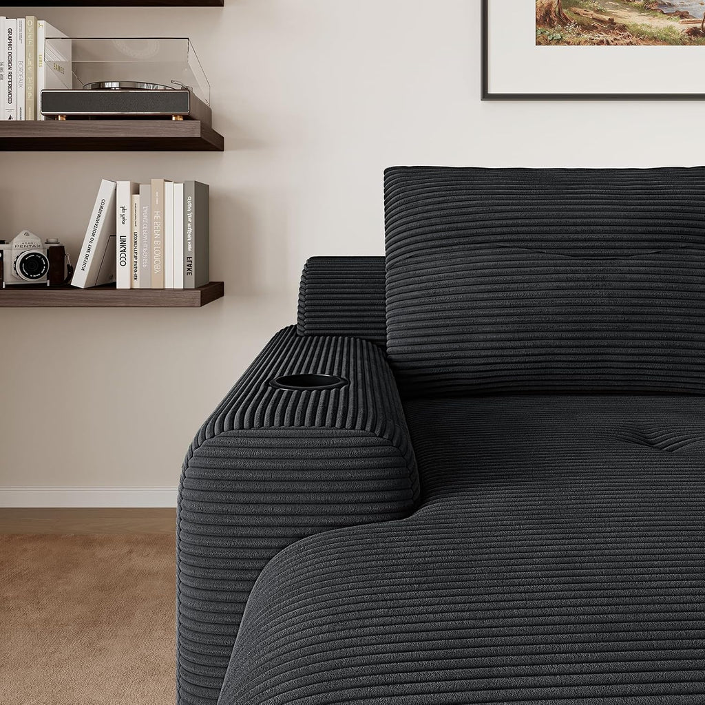 69” Oversized Chaise Lounge Chair Indoor, Soft Floor Chaise Lounge Reading Chairs with 4 Side Pockets and 2 Cup Holders, Comfy Corduroy Sleeper Sofa Bed for Living Room Bedroom, Black