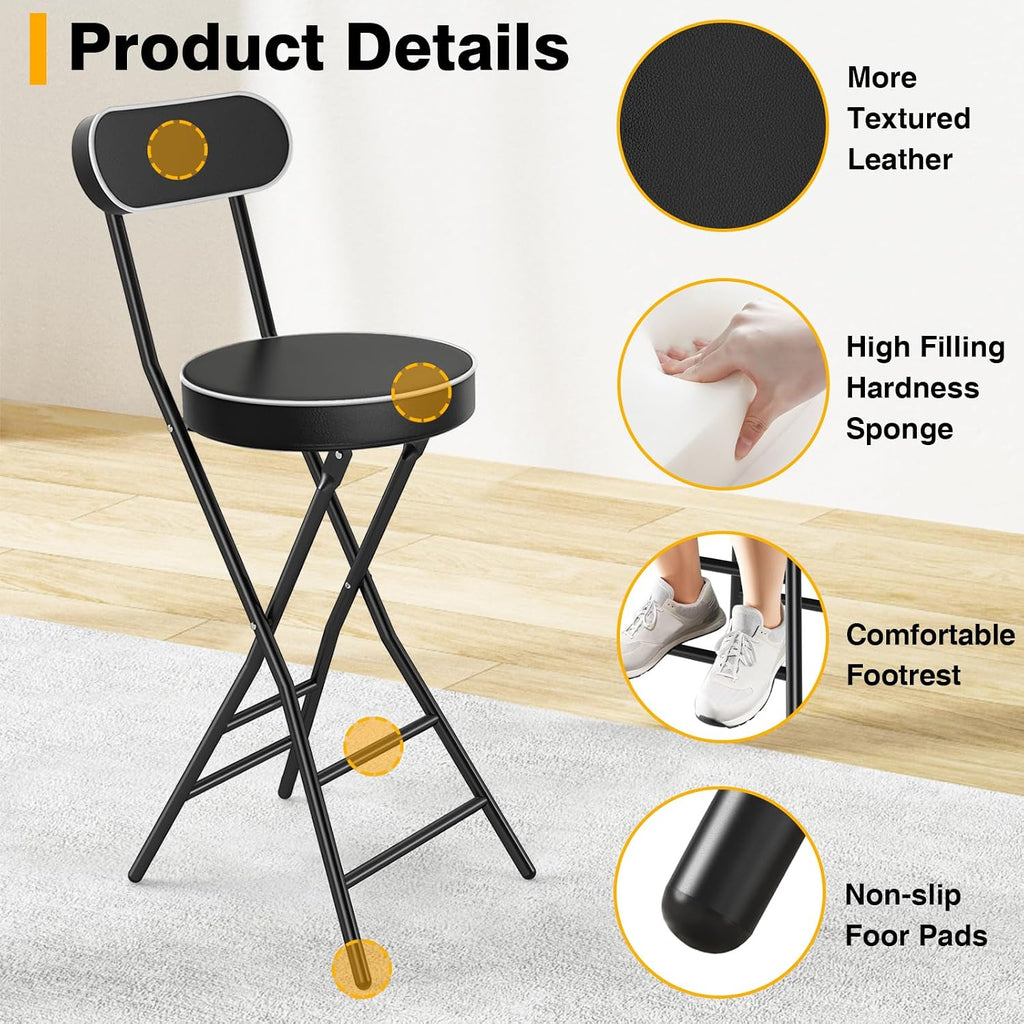 TAVR Folding Chair, Tall Folding Bar Chair with Backrest & Safety Lock, Portable PU Leather Counter Chair for Kitchen, Balcony, Camping, Fishing & Indoor Outdoor Use