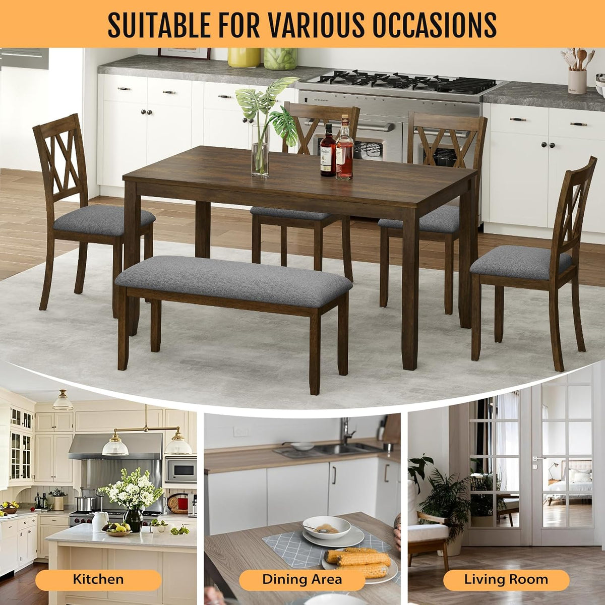 Zevemomo 6-Piece Solid Wood Dining Table Set, Dining Table & Chair Set for 6, Including 1 Dining Table, 4 Upholstered Chairs and 1 Bench, Dining Table Set for Dining Room & Kitchen, Walnut