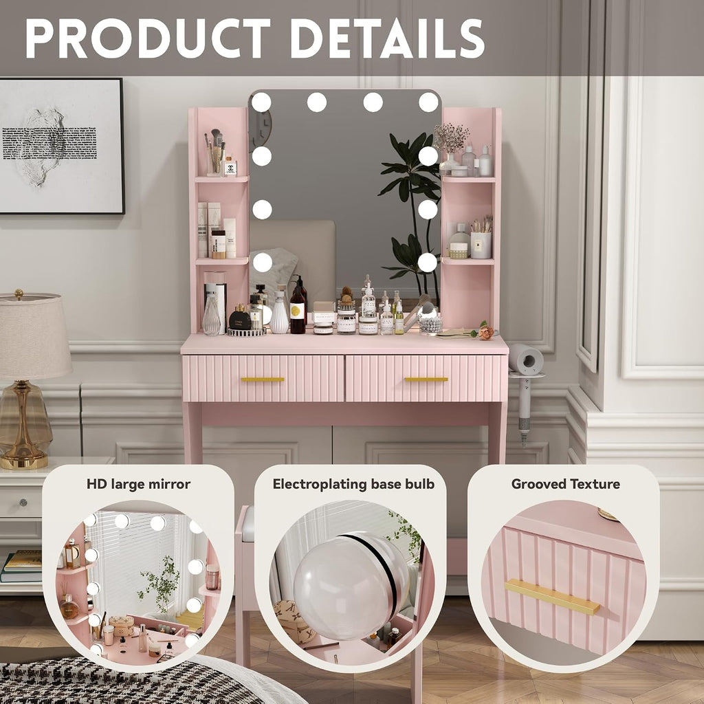 Otterease 31" Makeup Vanity Desk with LED Mirror and Storage Stool, Pink | Charging Station, 3‑Color Light, 2 Drawers and 4 Open Shelves Provide Organized Storage for Cosmetics and Beauty Essentials