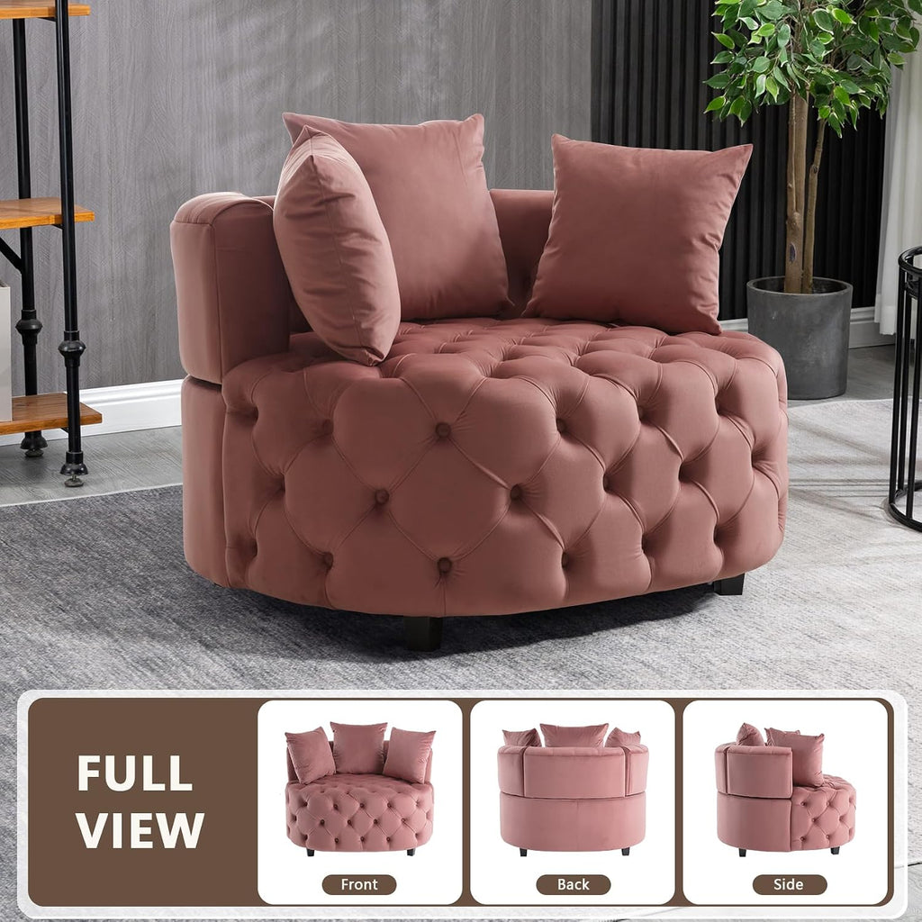 mikibama Oversized Accent Barrel Chair, 40.6" W Velvet Upholstered Round Chair with Pillows, Rubber Wood Legs Modern Lounge Reading Sofa Armchair for Living Room, Bedroom