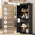 Tall Kitchen Pantry Cabinet with Rattan Doors, Adjustable Shelves & Drawer, Freestanding Storage Cupboard for Bathroom, Dining Room & Living Room（New Black）