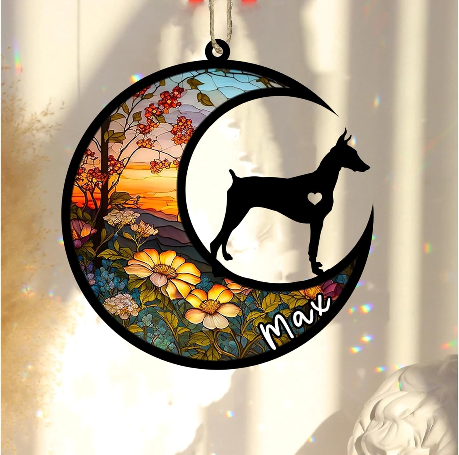 Personalized Dog Memorial, Custom Name Doberman Pinscher Cropped Ears Dog Christmas Ornament, Custom Breeds, Pet Loss Light Catcher, Gifts for Lovers Loss of Pet Sympathy on Mothers Day Christmas