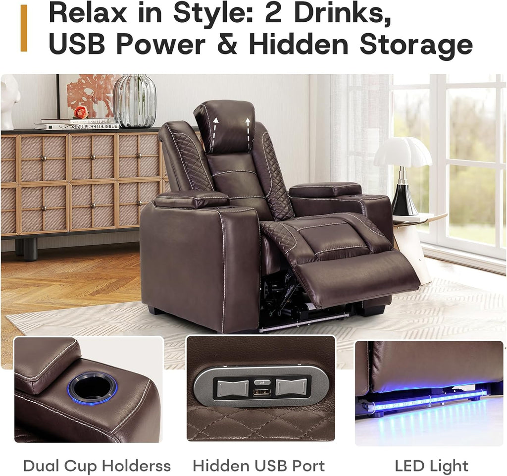 ANJ Power Home Theater Seating, PU Leather Electric Recliner Chair with Adjustable Headrest, Dual Motors Movie Reclining Chairs with LED Lights,USB Port, Cup Holders, Hidden Arm Storage (Brown)