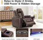 ANJ Power Home Theater Seating, PU Leather Electric Recliner Chair with Adjustable Headrest, Dual Motors Movie Reclining Chairs with LED Lights,USB Port, Cup Holders, Hidden Arm Storage (Brown)