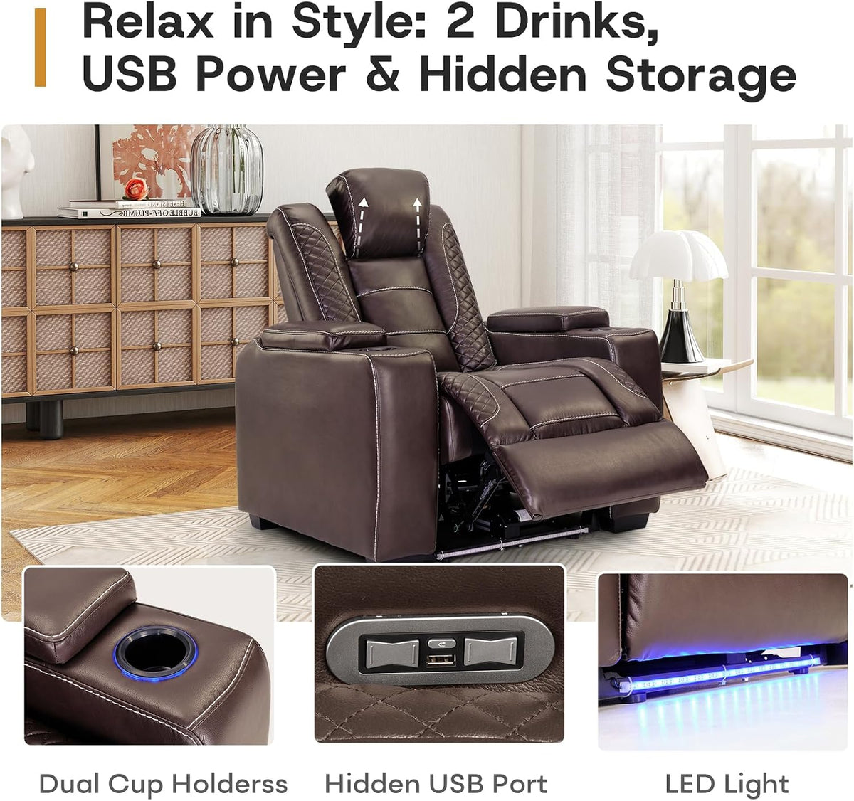 ANJ Power Home Theater Seating, PU Leather Electric Recliner Chair with Adjustable Headrest, Dual Motors Movie Reclining Chairs with LED Lights,USB Port, Cup Holders, Hidden Arm Storage (Brown)