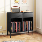 LOKO Large Record Player Stand with Charging Station, Vinyl Record Holder with Storage Compartments & 2 Drawers, Turntable Display Stand with Metal Legs for Living Room, Bedroom, Office (Black)