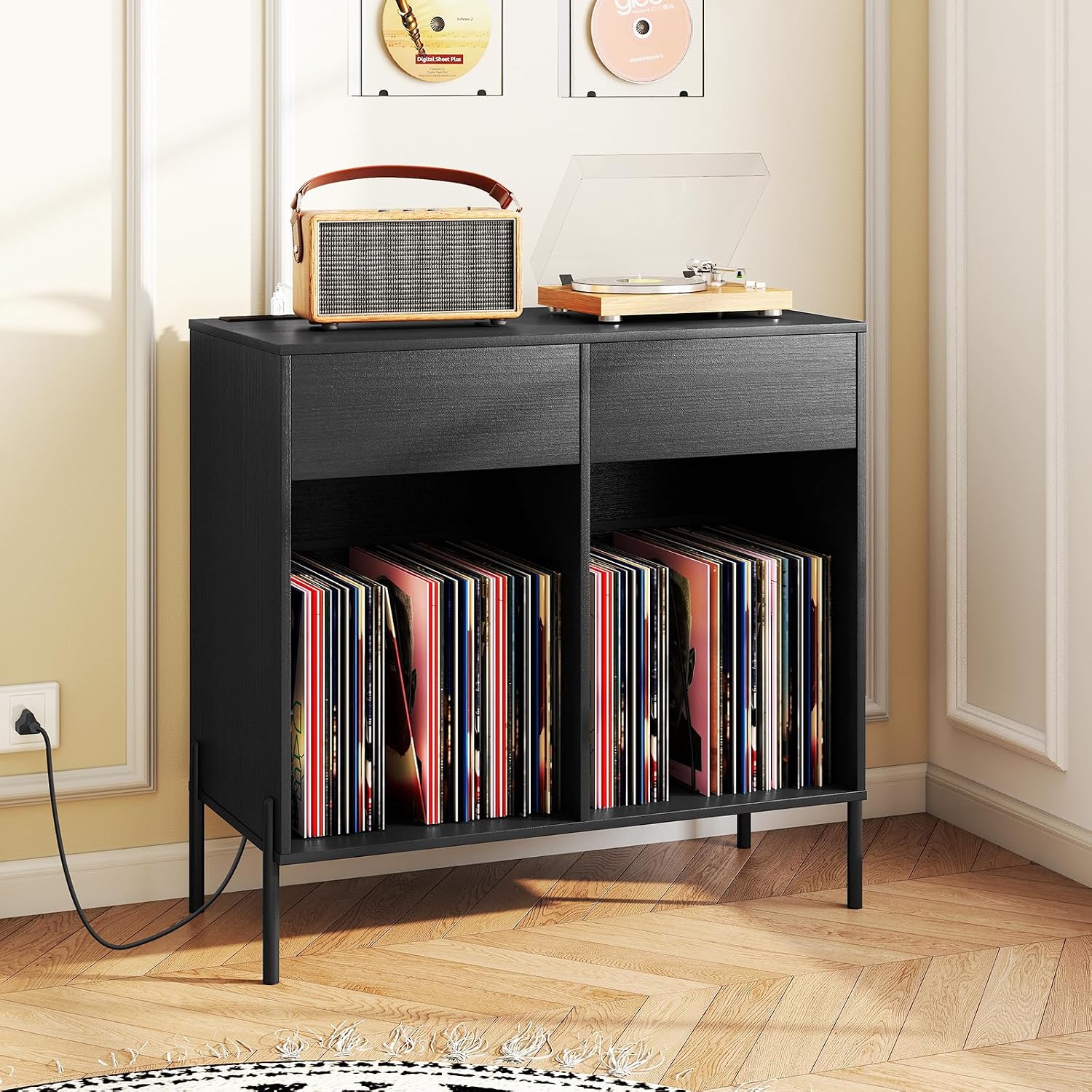 LOKO Large Record Player Stand with Charging Station, Vinyl Record Holder with Storage Compartments & 2 Drawers, Turntable Display Stand with Metal Legs for Living Room, Bedroom, Office (Black)