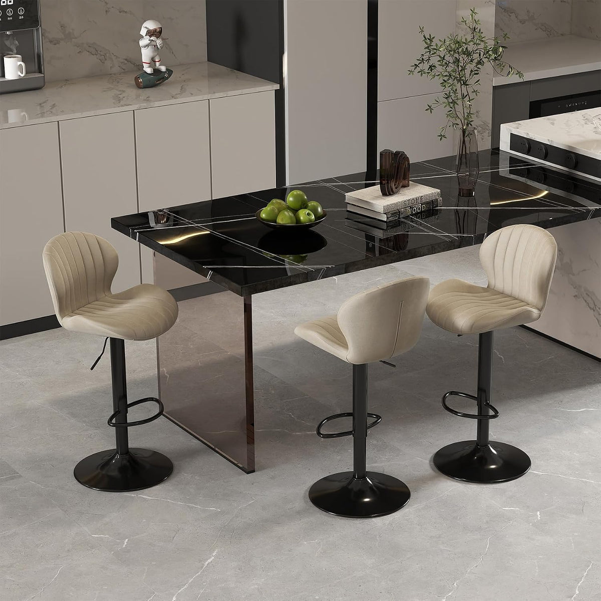 Youhauchair Velvet Fabric Counter Height Bar Stools Set of 3, Beige | Modern, Height Adjustable, Swivel, Armless, Kitchen Island Chairs with Back & Footrest, Soft, Upholstered Dining Room Chair