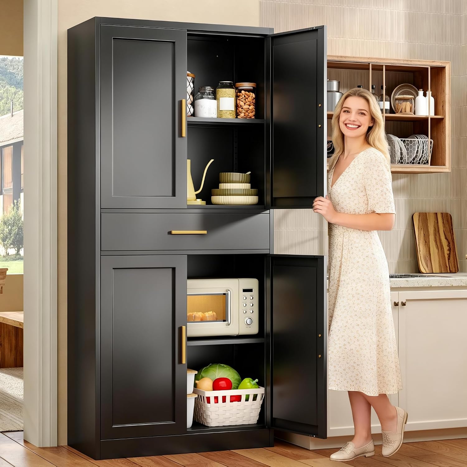 Metal Cabinet, 71” Garage Storage Cabinet with Doors and Adjustable Shelves (Black, 1 Drawer)