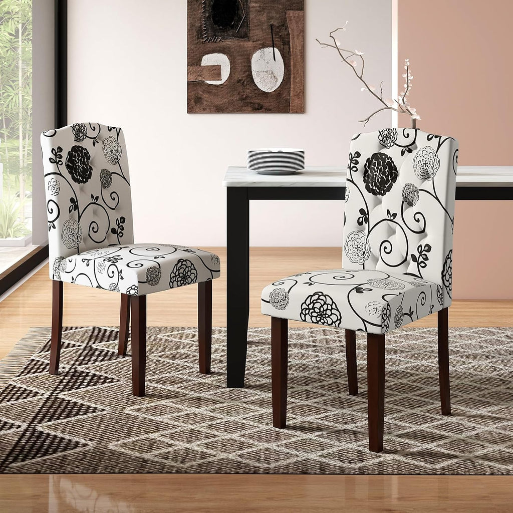 GOFLAME Upholstered Dining Chairs Set of 2, Button Tufted Fabric Upholstered Parson Chairs with Rubber Wood Legs, Padded Seat and High Curved Backrest, Armless Kitchen Chairs for Dining Room, Floral