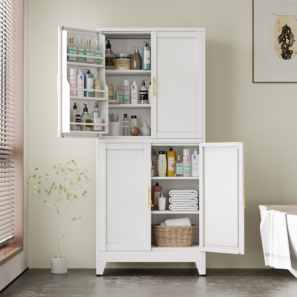 PAOFIN 75" H Metal Storage Cabinet, Pantry with 6 Door Shelves and 4 Adjustable Shelves, Leveling Foot for Kitchen, Living Room and Dinning Room, White