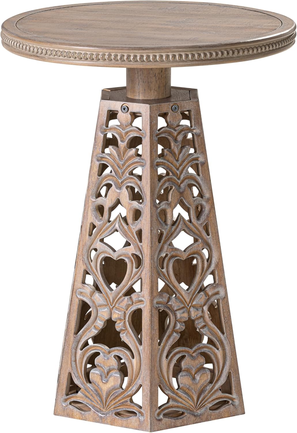 COZAYH Rustic Farmhouse Wooden End Table, Distressed Round Accent Table with Intricate Carved Floral Patterns, Boho, for Living Room, Bedroom, or Entryway, Distressed Wood Color