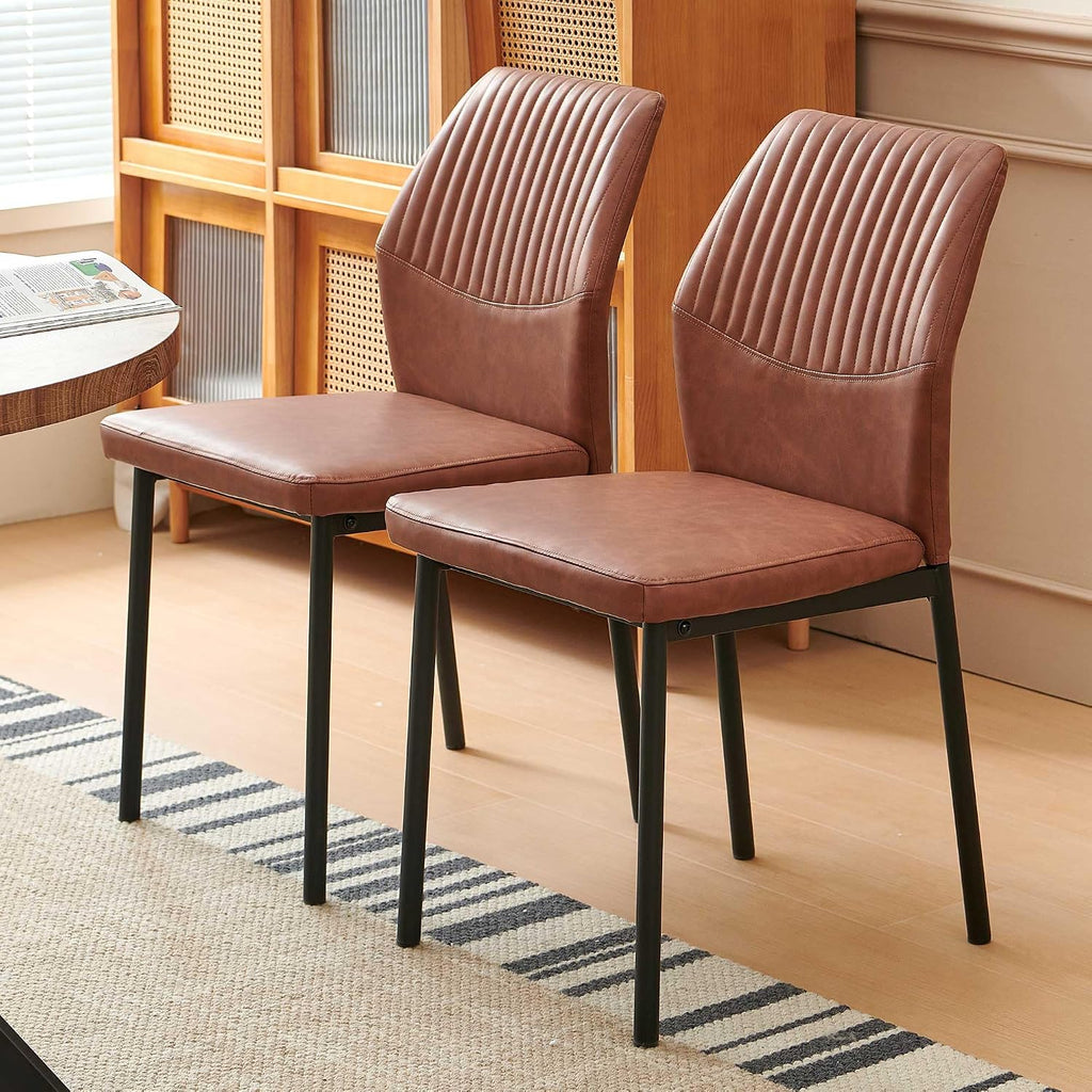 Dining Chairs Set of 6, Brown PU Leather Dining Chairs, Comfortable Upholstered Armless Kitchen Chairs with Black Metal Legs for Living Room, Dining Room, Kitchen