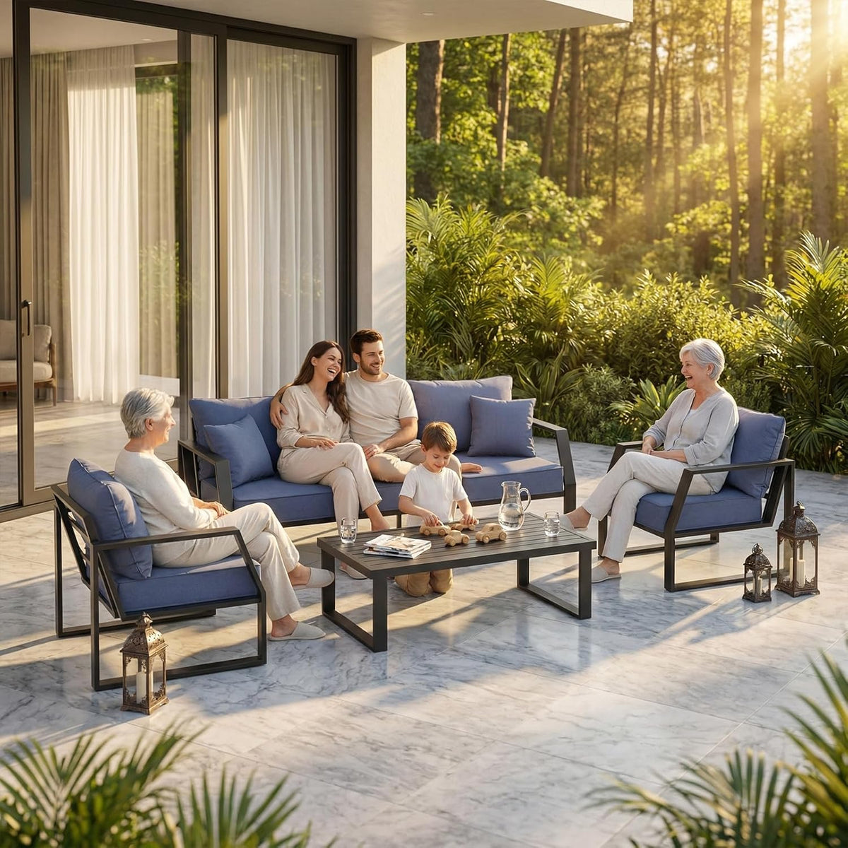 Oversized Outdoor Modern Patio Sofa for 3, 5" Thick Cushions, Deep Seat & Wide Armrests, Comfortable Aluminum All-Weather Rustproof UV-Resistant Frame for Garden, Backyard, Porch