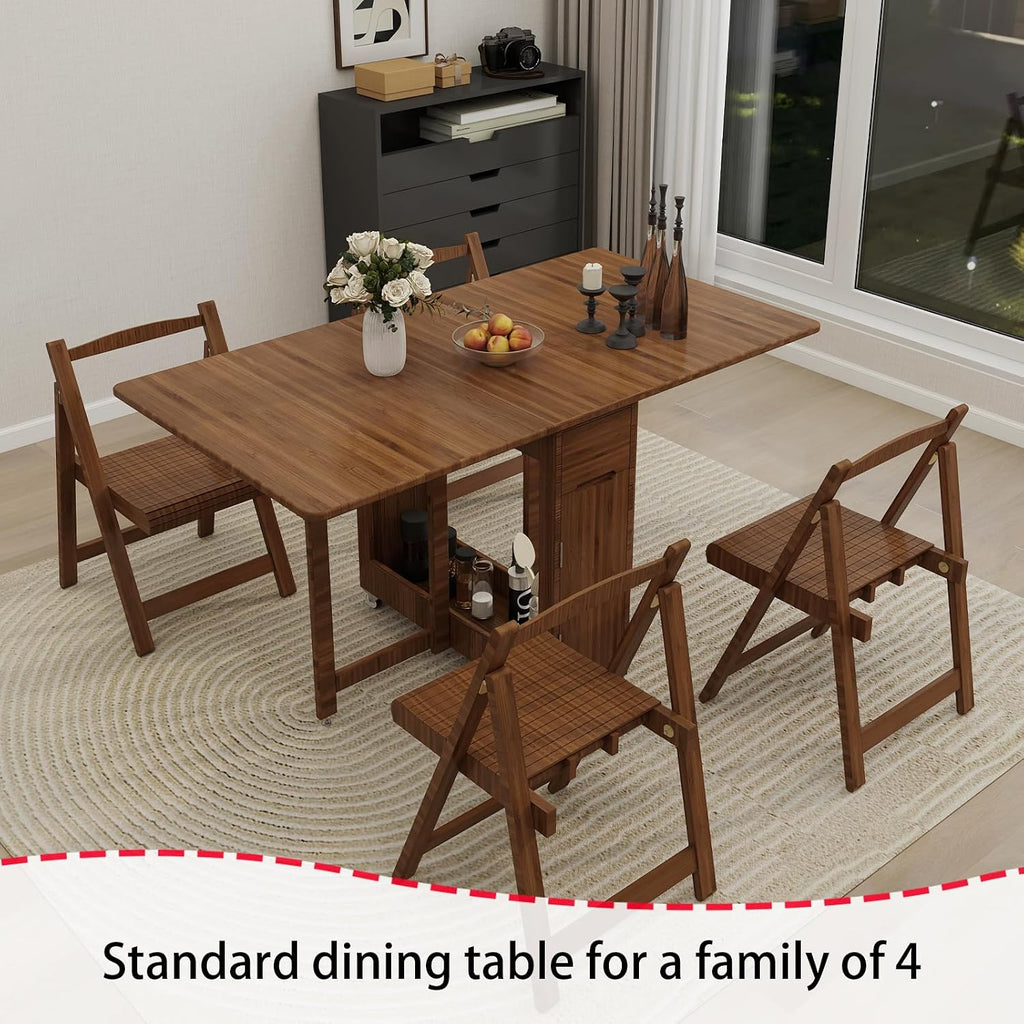 Folding Dining Table Set for 4, Foldable Kitchen Dinning Set with Chairs | Bamboo, Double Drop Leaf Devise, Inside of Dinner Table Can Store Fold Chairs, Assembly Free for Compact Apartment - Brown