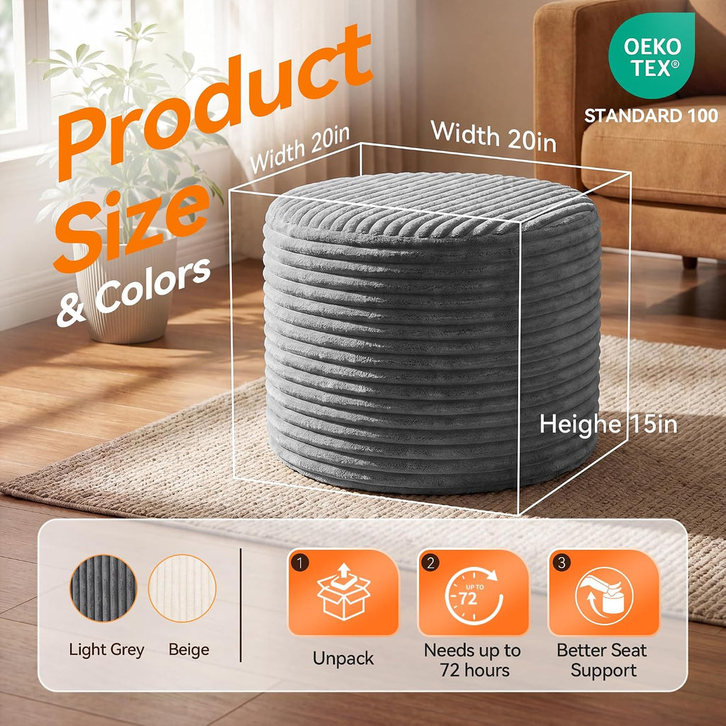 20in Round Pouf Ottoman, Large Corduroy Ottoman Foot Rest with Solid High-Density Foam, Removable Washable Cover, Soft Floor Foot Stool for Living Room, Bedroom, Grey