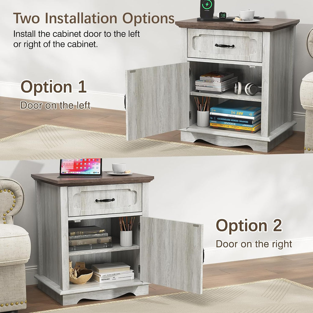 Halitaa Nightstands Set of 2 with Charging Station, White Oak | Bedside Table with Large Drawer, Side Table with Storage Cabinet and Adjustable Shelf, Farmhouse End Table for Bedroom